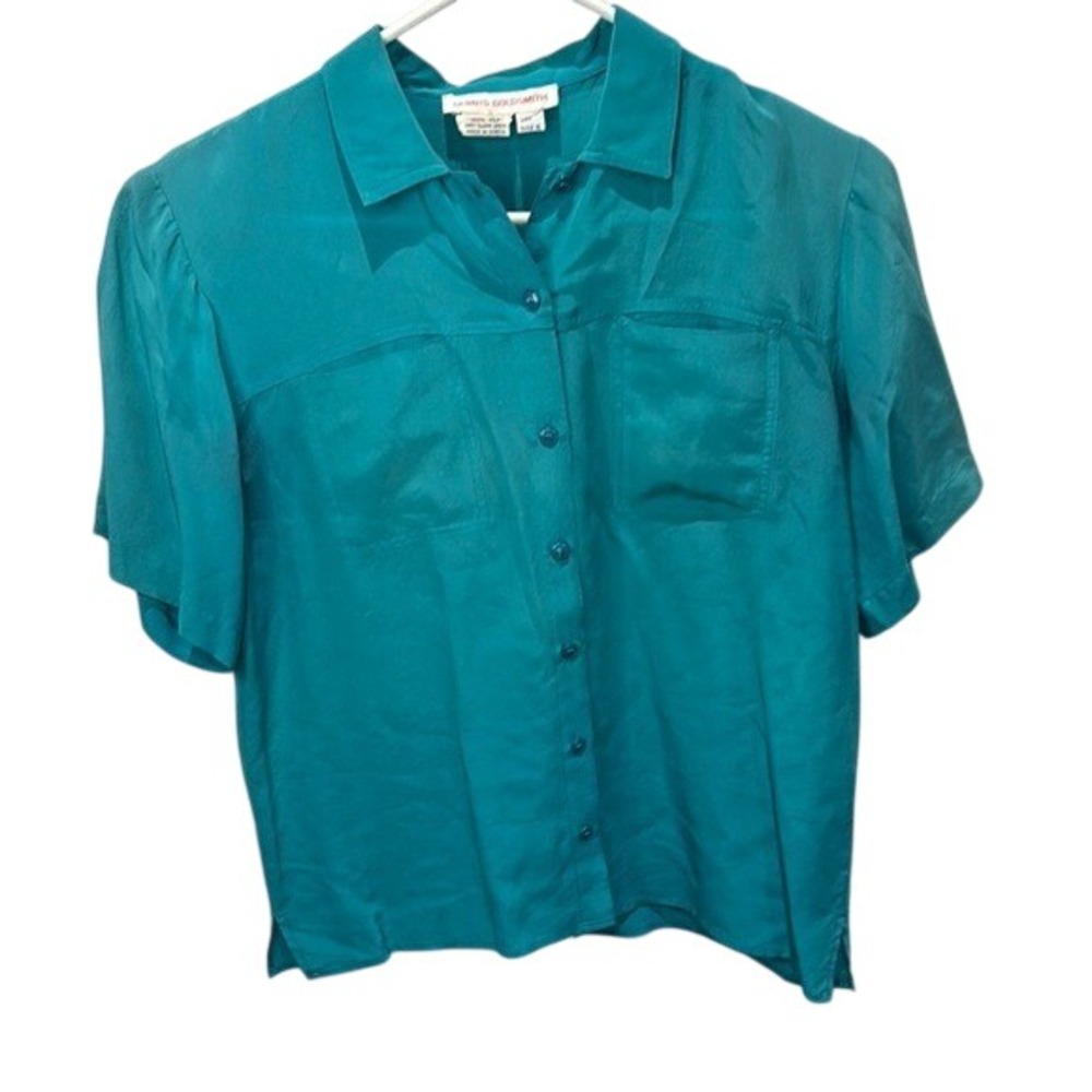 Dennis Goldsmith Silk Button Down Top‎ Short Sleeve Blouse Teal Size 6